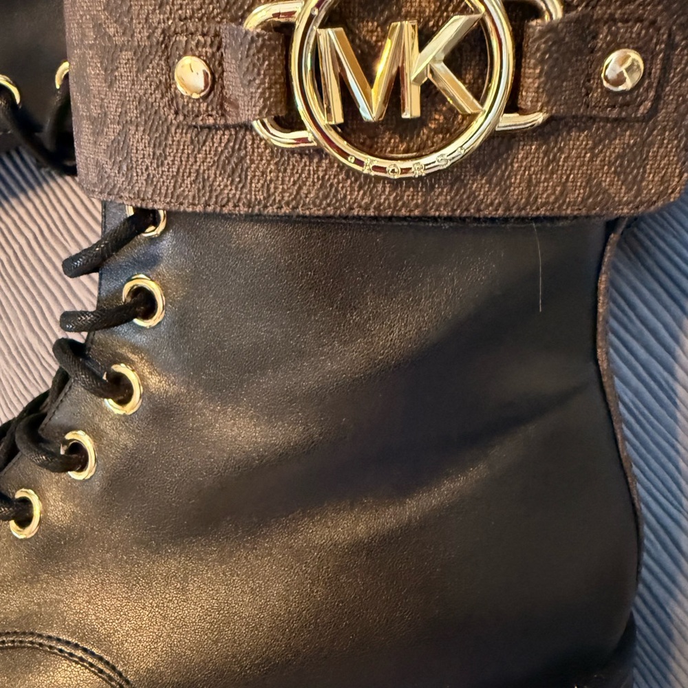 Michael Kors Black Leather Ankle Boots with Brown Straps - Picture 7 of 8